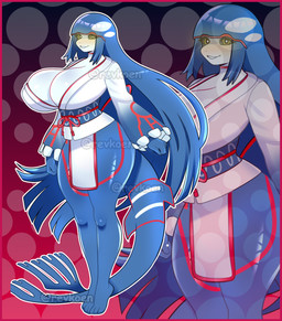 anthro armor big_breasts border breasts butt clothing corset dress female gloves hair handwear huge_breasts lingerie long_hair red_border solo topwear wife revkoen nintendo pokemon generation_3_pokemon kyogre legendary_pokemon pokemon_(species) absurd_res hi_res model_sheet