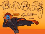 4_arms anthro black_body black_fur blue_nipples brown_hair eyes_closed front_view fur grey_body grey_fur hair lying male multi_arm multi_limb nipples on_front on_side orange_body orange_fur resting_on_arm short_hair side_view simple_background solo speech_bubble text 0ct0m0n0 miko_(0ct0m0n0) haplorhine mammal monkey primate artist_name hi_res