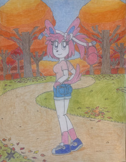 accessory anthro autumn backpack blue_eyes bottomwear clothing denim denim_bottomwear denim_clothing denim_shorts eyelashes female footwear fur hair hair_accessory hair_ribbon leaf looking_at_viewer pink_body pink_fur pink_hair plant ribbons shirt shoes shorts smile solo t-shirt tail topwear tree white_body white_fur etrainer8192 nintendo pokemon nayla_(etrainer8192) eeveelution generation_6_pokemon pokemon_(species) sylveon absurd_res hi_res traditional_media_(artwork)