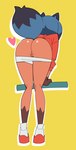 abstract_background anthro bent_over blue_hair bottomless brown_body brown_fur butt clothed clothing female footwear fur genitals gloves_(marking) hair heart_symbol jacket leg_markings looking_away markings multicolored_hair nekocream panties panties_down partially_clothed presenting presenting_hindquarters raised_tail shoes socks_(marking) solo tail topwear two_tone_hair underwear underwear_down brand_new_animal studio_trigger michiru_kagemori canid canine mammal raccoon_dog tanuki hi_res