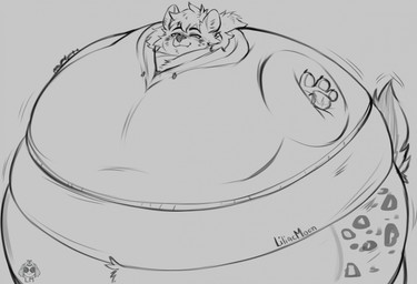 ambiguous_gender anthro blush body_inflation claws clothed clothing fur hoodie inflation logo markings motion_lines puffed_cheeks smile solo spherical_inflation spots spotted_body spotted_fur text tight_clothing topwear liliacmoon hyena mammal spotted_hyena artist_logo artist_name hi_res monochrome