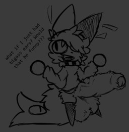3_eyes anthro balls big_balls big_ears big_penis big_tail collar dialogue fluffy fluffy_penis fluffy_tail genitals huge_balls huge_penis huge_tail hyper hyper_genitalia hyper_penis male multi_eye penis question question_mark solo tail anonymous_artist felid feline mammal ears gray grey low_res