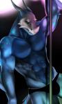 anthro blue_body bulge clothed clothing horn looking_at_viewer male mask muscular muscular_anthro muscular_male navel pole purple_eyes simple_background skimpy skull_mask smile solo stripper_pole underwear tipsycanvas mizutatsu_tsunami lizard reptile scalie 2019 3:5 hi_res