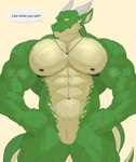 2_horns abs animal_genitalia anthro biceps genital_slit genitals green_body horn male muscular muscular_anthro muscular_male pecs scales tail text reachea mythology ragner dragon mythological_creature mythological_scalie scalie english_text hi_res