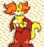 anthro breast_curtains breasts fangs female hand_on_breast hand_on_hip inner_ear_fluff looking_at_viewer mature_anthro mature_female navel red_eyes simple_background slightly_chubby smile solo standing teeth tuft wide_hips mahoxy nintendo pokemon delphox generation_6_pokemon pokemon_(species) absurd_res hi_res