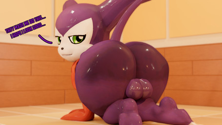 anthro balls big_balls big_butt butt dialogue femboy genitals green_eyes half-closed_eyes huge_butt looking_at_viewer male narrowed_eyes purple_body purple_skin shortstack shortstack_male solo text thick_thighs wide_hips asriren bandai_namco digimon digimon_(species) impmon 16:9 2023 3d_(artwork) blender_(artwork) digital_media_(artwork) english_text hi_res widescreen