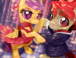 clothed clothing dancing date detailed_background dress duo feathered_wings feathers female feral fur hair looking_at_viewer male orange_body orange_feathers pink_eyes pink_hair prom purple_eyes quadruped red_eyes red_hair smile suit tail wings yellow_body yellow_fur young young_feral hinoraito friendship_is_magic hasbro my_little_pony mythology ponryu scootaloo_(mlp) equid equine mammal mythological_creature mythological_equine pegasus 2012