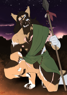anthro bracelet brown_body brown_fur clothed clothing eye_patch eyewear facial_scar female flat_chested fur genitals hair holding_object holding_weapon jewelry looking_at_viewer melee_weapon missing_eye muscular muscular_female nipples open_mouth outside plant polearm scar scars_all_over shawl smile solo spear tail teeth vulva weapon sweetvixsin ava_(mightypoohead) african_wild_dog canid canine mammal