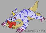 blue_body blue_fur book claws fur horn male red_eyes solo stripes teeth conditional_dnp wolftacos bandai_namco digimon digimon_(species) gabumon hi_res