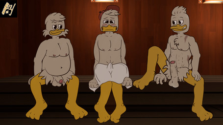 abs aged_up anthro aroused aroused_by_another aroused_face aroused_male aroused_smile barefoot belly blush blushing_profusely casual_erection casual_exposure casual_nudity erection feet flippers genitals imminent_sex nervous nervous_look nervous_smile penis sauna slightly_chubby smile smiling_at_another smiling_at_each_other smiling_at_partner towel towel_around_waist vein veiny_penis aldenyates disney ducktales ducktales_(2017) dewey_duck huey_duck louie_duck anatid anseriform avian bird duck 16:9 4k absurd_res hi_res widescreen brother_(lore) brothers_(lore) sibling_(lore)