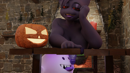 ambiguous_gender anthro big_breasts breasts duo erection feral furniture genitals glowing glowing_genitalia glowing_penis gynomorph gynomorph/ambiguous hair hand_on_cheek intersex intersex/ambiguous laying_on_table nipples not_furry nude open_mouth penis purple_body red_eyes slightly_chubby smile table teeth tongue tongue_out under_table spookygar mario_bros nintendo pokemon fan_character olive_(spookygar) boo_(mario) generation_1_pokemon gengar ghost pokemon_(species) spirit 16:9 digital_media_(artwork) hi_res widescreen
