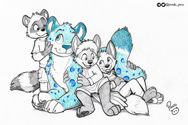 anthro blue_body blue_eyes blue_fur clothed clothing facial_spots feral fur glistening glistening_eyes group hair logo male markings open_mouth open_smile pawpads short_hair simple_background smile spotted_arms spotted_face standing striped_markings striped_tail stripes tail tail_markings young young_anthro young_male pandapaco art_(pandapaco) biro_(pandapaco) canid canine felid mammal procyonid raccoon artist_logo partially_colored signature