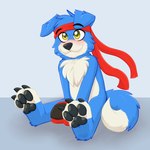 anthro biped black_nose black_pawpads blue_body blue_ears blue_fur blue_tail blush boxing_gloves chest_tuft claws clothing curled_tail dipstick_tail floppy_ears fur handwear male markings multicolored_body multicolored_fur neck_tuft pawpads paws solo tail tail_markings toe_claws tuft two_tone_body two_tone_fur two_tone_tail white_body white_fur white_tail yellow_eyes gaokun bandai_namco digimon canid canine digimon_(species) gaomon mammal 1:1 2024 absurd_res hi_res