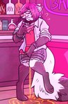 accident anthro bar beverage bodily_fluids bottomwear clothed clothing drunk embarrassed genital_fluids humiliation male omorashi pants peeing shorts solo standing substance_intoxication urine watersports wet wetting subdivisions dusty_fox canid canine fox mammal absurd_res hi_res