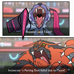 bullying claws fangs first_person_view gesture green_eyes hand_gesture humor laugh looking_at_viewer mouth_shot open_mouth pointing pointing_at_viewer pokemon_move squinted_eyes taunt teeth text tongue yellow_eyes blitzdrachin conditional_dnp cat_pointing_and_laughing metro-goldwyn-mayer nintendo pokemon pokemon_champions_(game) tom_and_jerry thomas_cat felid feline generation_7_pokemon generation_8_pokemon incineroar mammal pokemon_(species) sneasler 1:1 comic english_text meme
