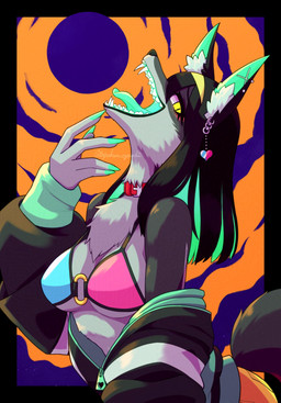 abstract_background anthro black_ears black_hair blue_ears blue_tongue bra breasts canine_teeth clothed clothing collar ear_piercing female fluffy fluffy_chest glowing glowing_mouth hair inner_ear_fluff looking_aside looking_at_viewer moon multicolored_clothing open_mouth orange_background partially_clothed piercing raised_head sharp_teeth simple_background solo teeth teeth_showing tongue tuft underwear yellow_eyes toipokun_oyashi canid canine canis mammal wolf hi_res