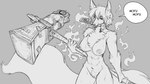 anthro big_breasts breasts female fire fur genitals hammer large_weapon looking_at_viewer maul melee_weapon nipples nude pussy solo tools weapon watsup regys_(carp) canid canine fox mammal 16:9 2023 monochrome widescreen