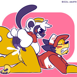 anthro balls big_balls blush bodily_fluids bottomless clothed clothing cum cum_in_ass cum_inside cumshot duo ejaculation erection fur genital_fluids genitals hat headgear headwear humanoid_genitalia humanoid_penis larger_sub male male/male male_penetrated male_penetrating male_penetrating_male penetration penis sex shirt simple_background size_difference smile submissive topwear fizzyjay animal_crossing nintendo jay_(fizzyjay) niko_(animal_crossing) canid canine canis coyote grey_langur haplorhine langur mammal monkey old_world_monkey primate 1:1 digital_media_(artwork) hi_res