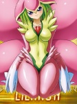 blush breasts female kneeling knock-kneed navel non-mammal_breasts not_furry plant purple_eyes simple_background smile solo wide_hips yellow_background maximilian-destroyer bandai_namco digimon digimon_(species) elemental_creature flora_fauna lilamon 3:4 low_res