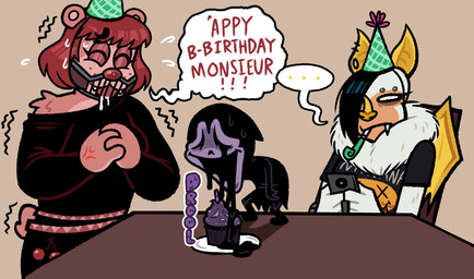 anthro birthday birthday_party bodily_fluids chair clothing cross-popping_vein cupcake dialogue drooling ellipsis female food furniture group hat headgear headwear humor male muzzle_(object) party party_hat saliva shaking sitting text trio blarf022 blarf_(blarf022) sherry_bear_(blarf022) vranda_von_bat_(blarf022) bat bear honduran_white_bat humanoid kinx_(blarf022) leaf-nosed_bat mammal microbat yangochiropteran 2023 english_text french_text hi_res