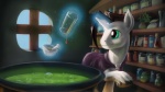 black_hair bottle bowl cape cauldron clothing container fur green_eyes hair horn inside magic male potion solo white_body white_fur giantmosquito hasbro my_little_pony mythology fan_character ohnine equid equine mammal mythological_creature mythological_equine unicorn 16:9 2012 hi_res widescreen