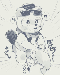 anthro anthro_on_feral anthro_penetrating anthro_penetrating_feral bestiality bodily_fluids clothing cum duo eyewear fellatio feral feral_penetrated fishjob genital_fluids glasses hat headgear headwear interspecies male open_mouth oral penetration penile sex text masshiro animal_crossing nintendo c.j._(animal_crossing) aquatic beaver fish mammal rodent greyscale hi_res japanese_text monochrome