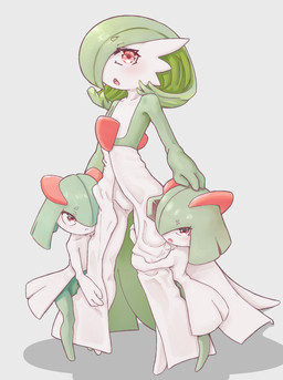 ambiguous_gender blush blush_lines eyebrow_through_pseudo_hair eyebrows eyelashes featureless_crotch green_pseudo_hair group looking_at_viewer navel open_mouth pink_eyes pseudo_hair simple_background size_difference tongue trio white_body mentaiko_jojotarou nintendo pokemon gardevoir generation_3_pokemon humanoid kirlia pokemon_(species) 2020
