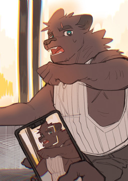 anthro big_muscles biped black_body black_eyes black_fur bodily_fluids clothing duo fur green_eyes male multicolored_eyes muscular muscular_anthro muscular_male shirt sweat sweatdrop taking_picture tank_top topwear white_clothing white_shirt white_tank_top white_topwear hemuchang felid mammal pantherine 2023 hi_res