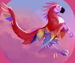 abstract_background claws clear-robot dinosaur dromaeosaurid feathers feral hi_res jumping prehistoric_species red_body red_feathers reptile scalie sickle_claw side_view smile solo theropod toe_claws winged_arms wings