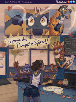 anthro apron autumn barista beverage black_and_tan bottomwear brown_body brown_fur cafe clothing coffee container decoration dialogue dinner dress egg falling_leaves female food fruit fur group hotpants jar leaf leaves_blowing menu plant pumpkin pumpkin_spice_(food) red_body red_fur running scent shorts skirt sky skyscape sniffing spots sunset takeout_box tea text tip_jar tracksuit zoomies purliwhite aubris_(purliwhite) meribelle_(purliwhite) raylee_(purliwhite) sandy_(purliwhite) bovid canid canine canis caprine domestic_dog giraffe giraffid mammal mastiff molosser rodent rottweiler sciurid sheep wolf 3:4 comic english_text hi_res
