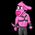 anthro bottomwear bulge clothed clothing fur gesture hand_gesture harness heart_nose heart_symbol latex looking_at_viewer male middle_finger muscular muscular_male pants pink_body pink_fur profanity simple_background smile solo telegram_sticker transparent_background unknown_artist gachimuchi telegram lovehound van_darkholme canid canine canis domestic_dog mammal alpha_channel animated loop meme