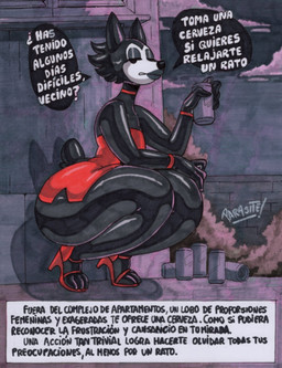 3_toes 4_fingers alcohol anthro bare_shoulders beer beverage beverage_can big_butt black_body black_eyes black_fur black_lipstick bottom_heavy bracelet bubble_butt butt choker clothing crouching detailed_background dialogue dress eyelashes eyeshadow feet femboy fingers fluffy fluffy_tail footwear fur glistening glistening_arms glistening_body glistening_fur glistening_legs glistening_thighs grey_eyeshadow high_heels huge_butt huge_hips huge_thighs jewelry lipstick looking_at_viewer makeup male necklace night outside red_bracelet red_choker red_clothing red_footwear red_high_heels red_jewelry red_necklace scut_tail shoes short_tail snout solo strapless_clothing strapless_dress tail talking_to_viewer text thick_thighs toes wide_hipped_anthro wide_hipped_male wide_hips parasitedeath wolf_(parasitedeath) canid canine canis mammal wolf 2026 absurd_res graphite_(artwork) hi_res marker_(artwork) spanish_text traditional_media_(artwork) translation_check translation_request