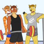 anthro cellphone clothing electronics exercise group male phone shirt tank_top topwear weightlifting workout fuze texnatsu joe_(texnatsu) roy_(texnatsu) ty_conrad bovid bovine cattle felid lion mammal pantherine tiger 1:1 hi_res