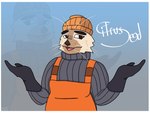 anthro apron beanie border clothing eyebrows fangs female fur gesture gloves handwear hat headgear headwear latex latex_clothing latex_gloves latex_handwear shrug smile solo sweater tan_body tan_fur teeth topwear turtleneck whiskers white_border citrusseed mammal mustelid otter sea_otter 4:3 hi_res