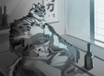 clothed clothing countershading drinking laugh male solo topless topless_male hydaus nekojishi studio_klondike lin_hu felid mammal pantherine tiger greyscale monochrome