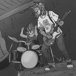 ambiguous_gender anthro bass_guitar bottle bottomwear clothing container countershade_face countershading denim denim_bottomwear denim_clothing drumming drumstick_(musical) ear_tuft group guitar hair jeans long_hair male messy_hair musical_instrument pants playing_music plucked_string_instrument rocking_out shirt string_instrument topwear tuft white_clothing white_shirt white_topwear ricky_arts felid feline humanoid lynx mammal 1:1 2024 black_and_white monochrome