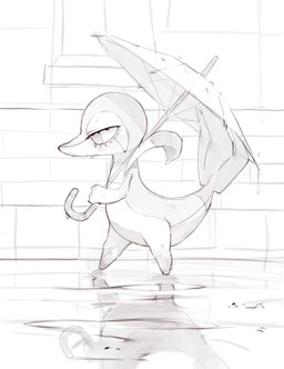 ambiguous_gender big_pupils biped eyelashes feral leaf leaf_tail looking_down pupils raining reflection solo tail umbrella walking wet azre nintendo pokemon generation_5_pokemon pokemon_(species) snivy greyscale hi_res monochrome