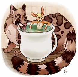 anthro bath drinking duo eyes_closed female feral pitcher plank size_difference tongue tongue_out geckozen teara_spot genet lagomorph leporid mammal rodent springhare viverrid