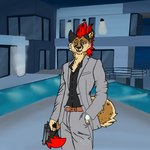 anthro clock clothing fur gun hair handgun looking_at_viewer male mansion pistol ranged_weapon red_body red_fur red_hair smile smiling_at_viewer solo suit swimming_pool watch weapon unknown_artist gemini_(mezzoknight) cheetah felid feline mammal 1:1