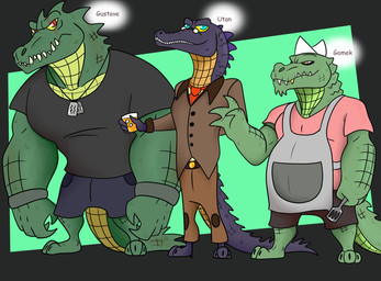 4_fingers anthro apron blue_eyes bottomwear clothing container cup drinking_glass eye_scar facial_scar fingers glass glass_container glass_cup gold_(metal) gold_tooth green_body group hat headgear headwear jewelry male muscular muscular_male necklace necktie pants purple_body red_eyes scar shirt shorts spatula suit tail tools topwear trio tibbs gomek_(tibbs) gustave_(tibbs) utan_(tibbs) crocodile crocodilian reptile scalie hi_res