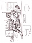 alcohol anthro bar_stool beverage biped black_and_white comic english_text erection fel felid furniture genitals liquor lying male mammal monochrome nude on_back pantherine penis plantigrade reclining sideways sketch solo stool stripes text tiger traditional_media_(artwork)