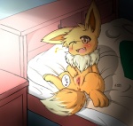 anus blush female feral genitals happy heart_symbol one_eye_closed open_mouth presenting presenting_pussy pussy sharp_teeth solo spread_legs spreading teeth text kigisuke nintendo pokemon canid canine eevee generation_1_pokemon mammal pokemon_(species) japanese_text translated