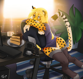 amber_eyes anthro black_spots blonde_hair cake chair clothed clothing cutlery dessert electronics female food fork fur furniture hair headphones kitchen_utensils legwear long_hair orange_body orange_fur plate shirt solo spots stockings tail tools topwear white_body white_fur yellow_body yellow_fur conditional_dnp fluff-kevlar mihari cheetah felid feline mammal 2015 digital_media_(artwork) shaded