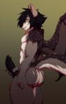 anthro big_penis black_penis butt canid canine erection genitals holding_penis hybrid looking_at_viewer male mammal masturbation nude penile penile_masturbation penis side_view smile solo standing tatsumichi thick_thighs wings