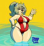 2019 baikobits big_breasts bovid bracelet breasts brown_eyes clothed clothing curvy_figure eyewear female gesture glasses hair horn huge_breasts jewelry looking_at_viewer maggie_hudson mammal nipple_outline one-piece_swimsuit smile solo swimwear voluptuous waving wide_hips