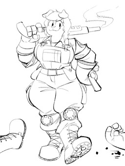anthro big_breasts boots breasts clothing collared_shirt combat_boots female footwear gloves gun handwear knee_pads looking_at_viewer muscular overalls ranged_weapon rolled_up_sleeves shirt shoes shotgun simple_background smile smoking_gun solo thick_thighs tool_belt topwear uniform weapon the-hydroxian team_fortress_2 valve audrey_(mcsweezy) engineer_(team_fortress_2) canid canine canis domestic_dog mammal absurd_res black_and_white hi_res line_art monochrome