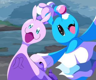 ambiguous_gender black_eyes blue_body duo eyelashes fangs feral happy looking_at_viewer open_mouth purple_body teal_eyes teeth tongue water sleepy_sealion nintendo pokemon brionne generation_6_pokemon generation_7_pokemon pokemon_(species) sliggoo 2026 6:5 dated hi_res signature