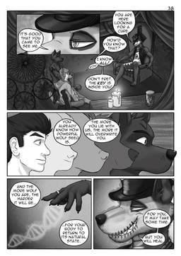 anthro bodypaint clothed clothed_anthro clothed_male clothing comic_panel dialogue ear_piercing ear_ring face_paint grin group hat headgear headwear jewelry magic_user male mid_transformation necklace piercing ring ring_piercing shirt smile speech_bubble spiral spiral_eyes storytelling t-shirt tattoo top_hat topwear torn_clothing torn_jacket torn_topwear transformation transformation_through_sex tribal tribal_clothing tribal_jewelry tribal_necklace tribal_spellcaster tribal_tattoo trio witch_doctor alphasabre canid canine canis human humanoid mammal wolf comic hi_res