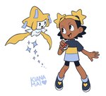 ambiguous_gender blonde_hair bottomwear clothing duo ear_piercing female flying footwear hair piercing pigtails pokeball shirt shoes shorts smile t-shirt topwear kianamai nintendo pokemon pretty_pretty_please_i_don't_want_to_be_a_magical_girl aika_(idwtbamg) generation_3_pokemon human jirachi legendary_pokemon mammal pokemon_(species) crossover hi_res