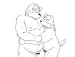 anthro balls belly blush bodily_fluids duo flaccid genitals hug humanoid_genitalia humanoid_hands humanoid_penis kemono male male/male moobs navel nipples overweight overweight_male penis simple_background small_penis sweat white_background oogamikennta canid canine canis domestic_dog mammal 2016 4:3 censored monochrome